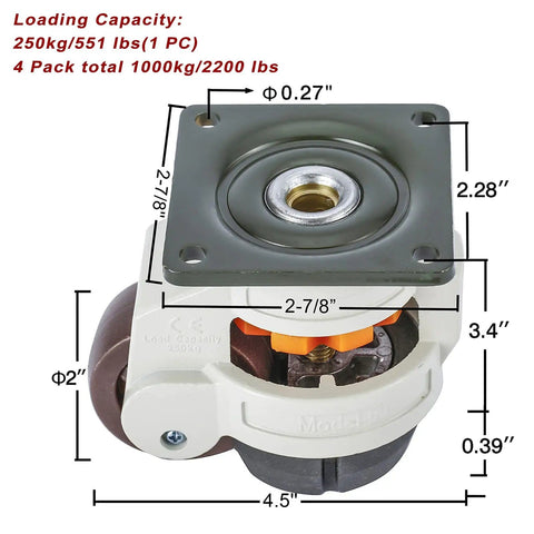 Beefy 4 Pack Leveling Casters With Nylon 2 Inch Wheels And Rubber Feet For Industrial Equipment And Workbenches Retractable Support Up To 2200 Lbs Easy Install Stable On Uneven Floors