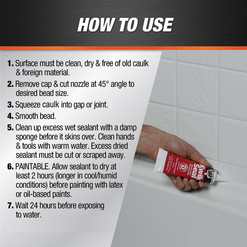 Person applying Kwik Seal Kitchen And Bath Adhesive Caulk White 2.8 Oz Waterproof Sealant That Bonds Like Glue And Seals Like Caulk