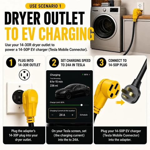 Heavy Duty Fifty Foot EV Charger Adapter Nema 14-30P To 14-50R installation guide showing dryer outlet to EV charging plug setup.