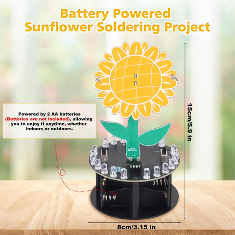Light Chasing Sunflower Soldering Kit With RGB LED Flashing Lights, A DIY Rotating Sunflower Electronics Project, shown with dimensions.