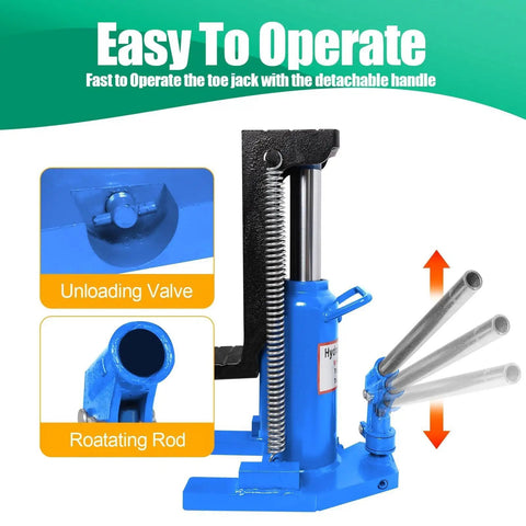 Close-up view of the Badass Heavy Duty Hydraulic Toe Jack showing unloading valve and rotating rod for easy operation.