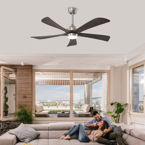Neojoyoenix 52" 5PCS Solid Wood Blades Ceiling Fan with Lights Remote Control in a modern living room setting.