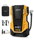 Dual Power Portable Tire Inflator With AC And DC Power, 150 PSI Max, LED Light, Fast Inflation, compact yellow and black design