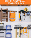 Heavy Duty Garden Tool Organizer Wall Mount For Garage With 3 Racks And 6 Adjustable Hooks, 48 Inch Steel Tool Storage System Holds Up To 390 Lbs For Shovels, Rakes, Yard Tools displayed with tools and chairs.