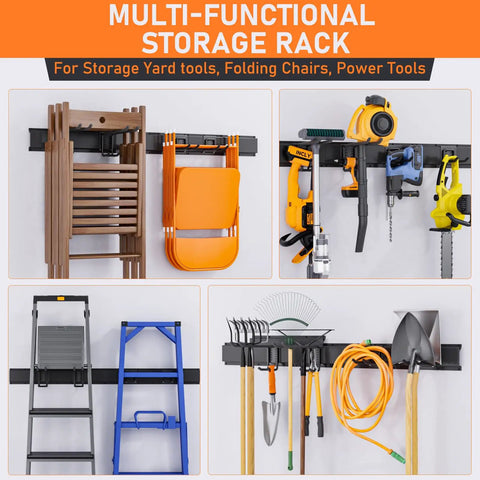 Heavy Duty Garden Tool Organizer Wall Mount For Garage With 3 Racks And 6 Adjustable Hooks, 48 Inch Steel Tool Storage System Holds Up To 390 Lbs For Shovels, Rakes, Yard Tools displayed with tools and chairs.