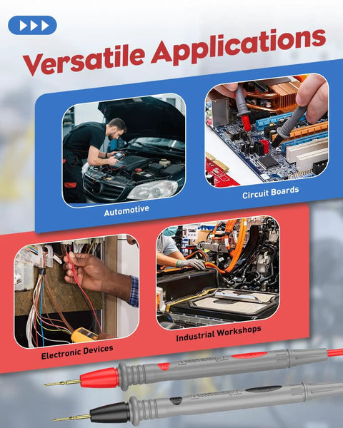 Versatile applications of 11 Piece Multimeter Leads Kit With Back Probes And Dual Ended Alligator Clips for automotive and electronics.
