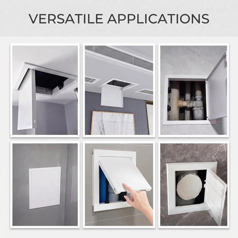 Heavy Duty 14 X 24 Inch Drywall Access Panel Magnetic Push To Open White Seamless Flush Door in various applications hiding pipes.