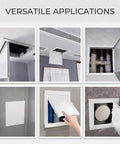 Invisible Drywall Access Panel 9 X 16 Inch Flush Mount Recessed Wall Hatch shown in various applications, highlighting functionality.