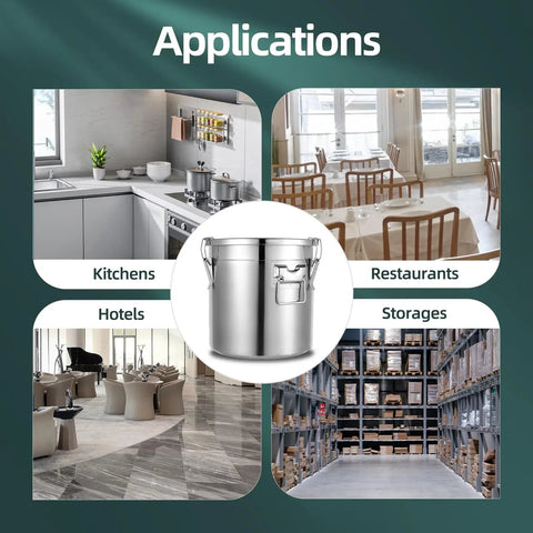 Top Shelf 304 Stainless Steel Airtight Storage Canister With Hella Secure Locking Clamps 5 Point 5 Gallon displayed in kitchens, restaurants, hotels, and storages.