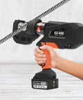 Heavy Duty Electric Hydraulic Crimping Pliers Rechargeable Cordless Cable Lug Crimper with lithium battery and cable in hand.