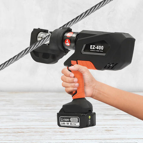 Heavy Duty Electric Hydraulic Crimping Pliers Rechargeable Cordless Cable Lug Crimper with lithium battery and cable in hand.