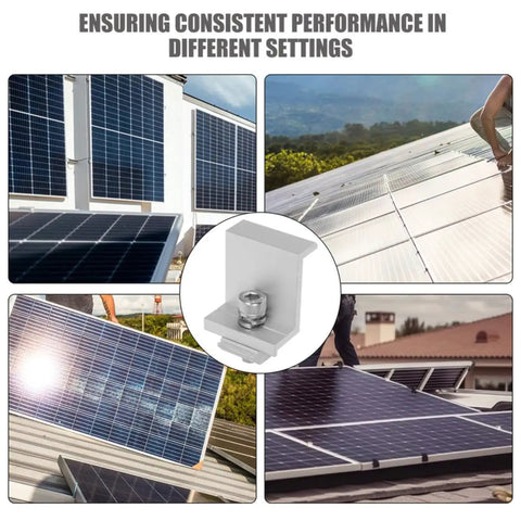 Rock Solid Heavy Duty Aluminum Solar Panel Clamps 12 Piece Set installation on roofs and ground frames with M8x25 hex screws.