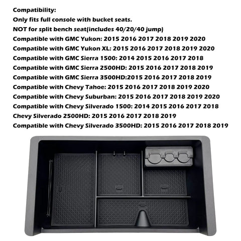 Center Console Organizer Tray Fits GMC Sierra 2014 To 2018 And Yukon Tahoe Suburban Silverado 2015 To 2020, shown with compartments.
