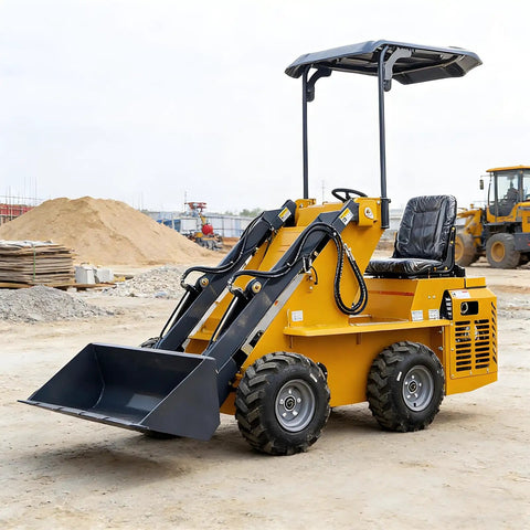 Compact rugged skid steer with Quick Connect System for urban jobsites and farms, featuring a bucket attachment on rough terrain.
