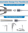 Five-piece grease gun needle accessory set with dispenser, coupler, detachable needle tip and two nozzles for tight spaces