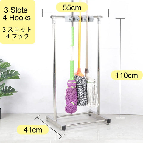 Movable Broom And Mop Holder Stainless Steel Mop Rack Cleaning Supplies Organizer Garden Tool Storage And Mop Drain Rack For Wet Mops Umbrella Stand Must Have For Garage Hotel School Hospital