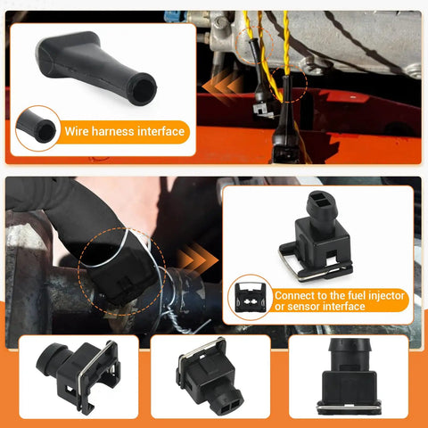 Knockout 10 Piece EV1 Fuel Injector Connectors For Every Ride Solid Gold Plated Pins With Slick Fit Rubber Boots Plug Right Up To Your Wiring Harness And Keep Your Ride Rollin Strong. Various views of rubber connectors for fuel injector wiring.