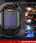Panoramic 180 Degree Auto Darkening Welding Helmet With Large 3.94x3.74 Inch Viewing Area showcasing various welding applications