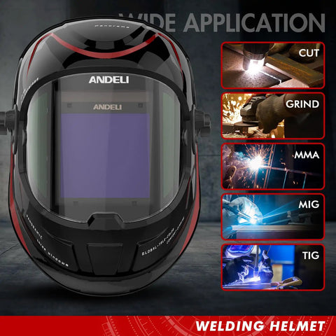 Panoramic 180 Degree Auto Darkening Welding Helmet With Large 3.94x3.74 Inch Viewing Area showcasing various welding applications