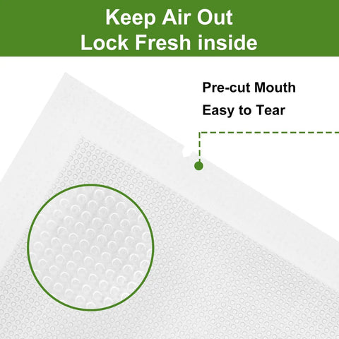 Close-up of Precut Food Saver Vacuum Bags 150 Pcs Set for Meal Prep and Sous Vide showing texture and pre-cut tear feature.