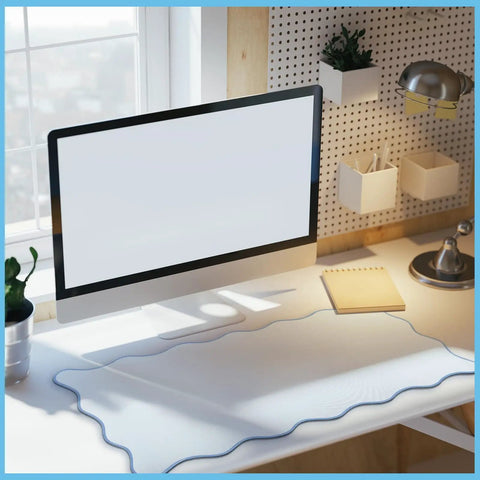 Scalloped Desk Pad With Edge Stitching Large Nonslip Waterproof Table Mat Blue 31.5 x 15.8 Inches on a modern desk