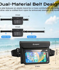 Two Pack Waterproof Fanny Pack With IPX8 Dry Belt Bag Touch Screen Phone Pouch Wallet For Beach Swim Kayak Snorkel Essentials And More Adjustable Waist Belt Crossbody Ready For Men And Women showing dual-material belt design and phone pouch on beach