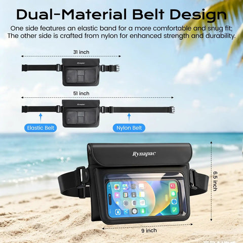 Two Pack Waterproof Fanny Pack With IPX8 Dry Belt Bag Touch Screen Phone Pouch Wallet For Beach Swim Kayak Snorkel Essentials And More Adjustable Waist Belt Crossbody Ready For Men And Women showing dual-material belt design and phone pouch on beach