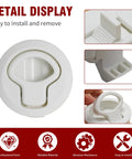 Detail view of a two-inch white ABS plastic flush pull slam latch, easy install for marine boats and live fish tanks.