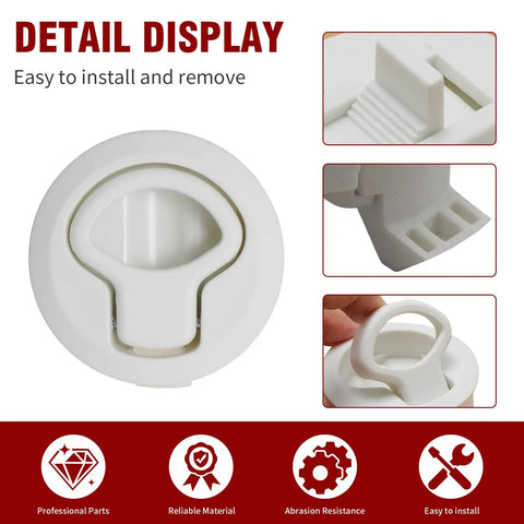 Detail view of a two-inch white ABS plastic flush pull slam latch, easy install for marine boats and live fish tanks.
