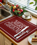 Christmas Dish Drying Mat For Kitchen Counter With Retro Red Wood Grain, 18 By 24 Inches under utensils near festive decor.