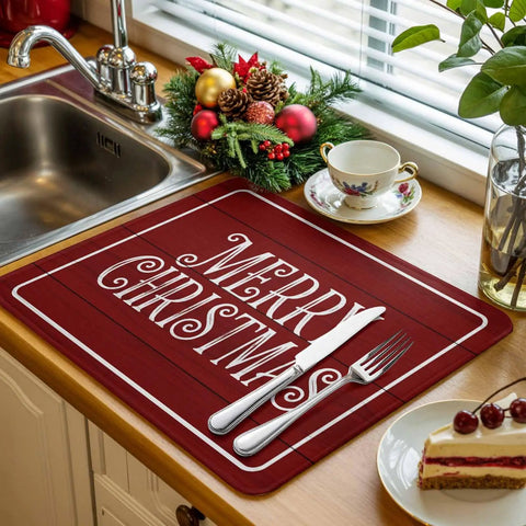 Christmas Dish Drying Mat For Kitchen Counter With Retro Red Wood Grain, 18 By 24 Inches under utensils near festive decor.