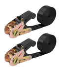 Heavy Duty Ratchet Tie Down Straps for Secure Cargo Hauling, nylon webbing, set of 2, shown coiled and with ratchet mechanism.
