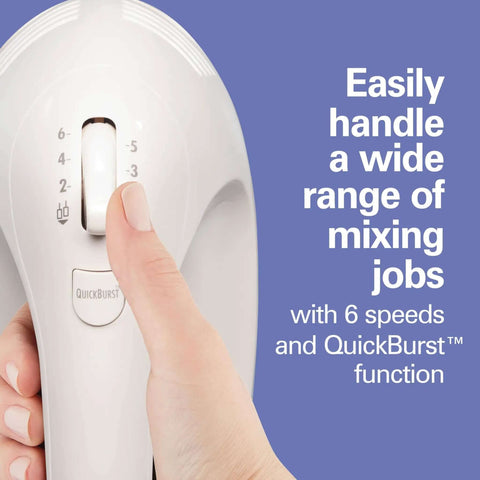 Kickass 6 Speed Electric Hand Mixer With Easy Clean Beaters And Snap On Storage Case For Bakers Seeking Smooth Performance And Zero Clogging Drama In The Kitchen control dial showing 6 speeds and QuickBurst feature