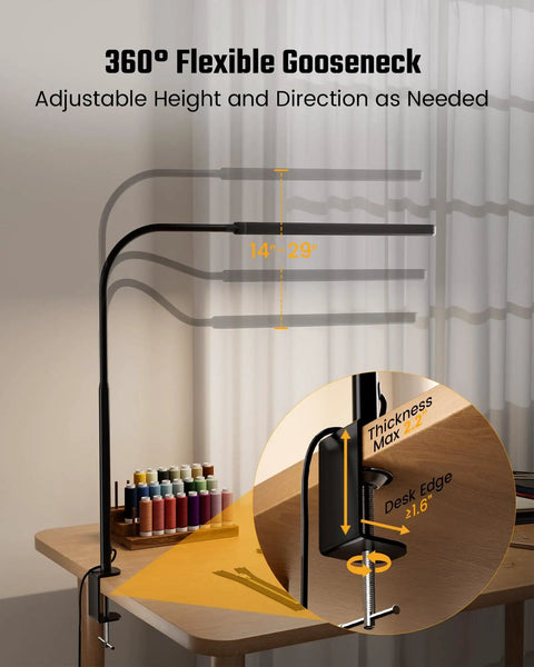 Eye Friendly LED Desk Lamp With 360 Degree Flexible Gooseneck Clamp On Light showing adjustable height and direction for desks