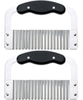 Set of 2 stainless steel crinkle-cut wave slicers with black handles, front view.