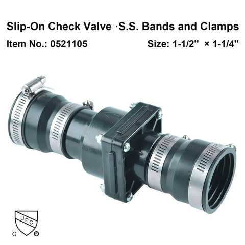Slip On Sump Pump Check Valve With Stainless Steel Clamps For One And One Half Inch Or One And One Quarter Inch ABS Body With EPDM Seals