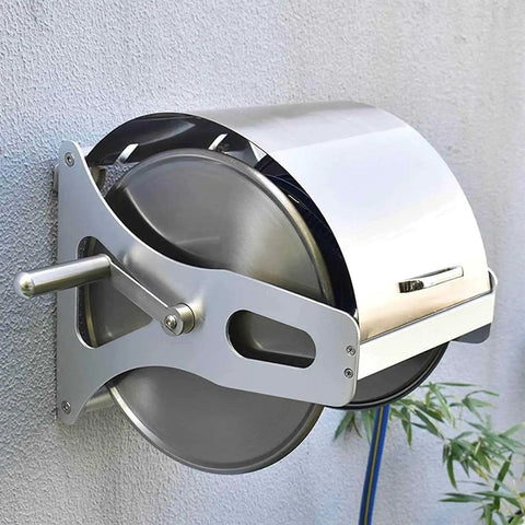 Heavy Duty Retractable Garden Hose Reel Top Shelf Stainless Steel Build Wall Or Floor Mounted with hose attached.