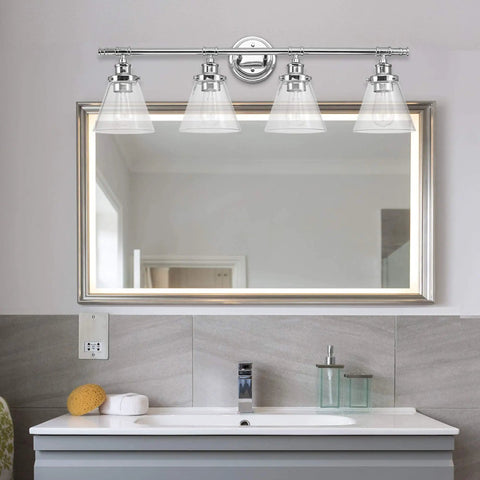 Dope Vintage Modern Chrome Vanity Light Fixture With Four Lights And Glass Shades Fully Dimmable Bulbs Not Included Wide 33.69 Inch Mount above bathroom mirror