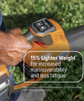 Close-up of the Leaf Blaster 350iB Cordless Leaf Blower Kit With 200 MPH 800 CFM Brushless Motor Quiet Operation 40V 7.5Ah Battery And Charger Included All In One Beastly Cleanup Power For Lawns And Driveways, showing control handle and lightweight claim on grass.