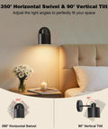 Lightess Battery Powered Wall Sconces Set of Two Black with Remote Control showcasing 350° swivel and 90° vertical tilt features.