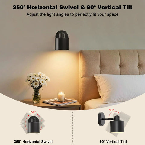 Lightess Battery Powered Wall Sconces Set of Two Black with Remote Control showcasing 350° swivel and 90° vertical tilt features.