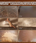 Before and after comparison of leather repaired using Slick Legit Leather And Vinyl Repair Kit For Couch Furniture Sofa Chair And Seats Featuring Realistic Brown Shade Mixing Tools For Smooth Invisible Touch Ups That Hold Tight All Day Long.