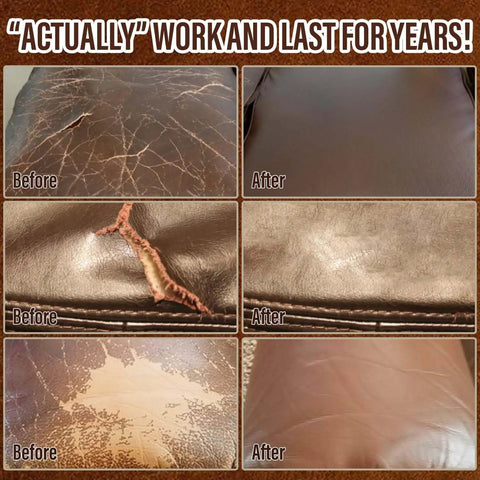 Before and after comparison of leather repaired using Slick Legit Leather And Vinyl Repair Kit For Couch Furniture Sofa Chair And Seats Featuring Realistic Brown Shade Mixing Tools For Smooth Invisible Touch Ups That Hold Tight All Day Long.