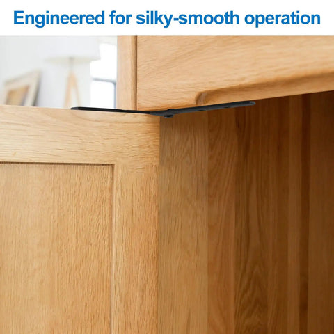 Four Pack Concealed Pivot Door Hinges Delivering 360 Degree Rotation And Bulletproof Stainless Steel Build installed in a wooden cabinet.