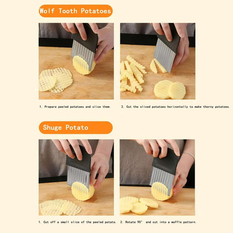 Stainless steel crinkle cutter for potatoes; creates waffle/crinkle fries and potato chips; Amazon kitchen gadget.