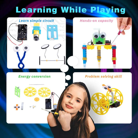 Collage of Hands-On Electric Motor Robot Science Kits For Kids Ages 8 To 12 with child and robot projects.