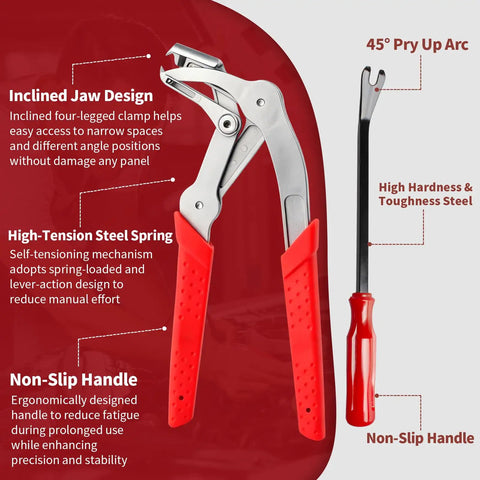 Garage Ready Car Clip Pliers That Knock Out Stubborn Auto Fasteners In Seconds with red grip and high-tension steel spring.