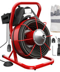 Heavy Duty Electric Drain Auger Kit With Cutter And Anti Slip Glove Knock Out Stubborn Clogs In One To Four Inch Pipes, featuring a steel core cable and accessories.