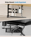 Under Desk Cable Management Tray With No Drill Clamp Mount organizing cables and power strips against a wooden desk.