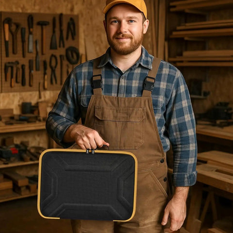 Man holding DeWalt 20V Max XR Jigsaw Case With Rugged Interior Tray For DCS334B DCS335B Jigsaw Blade Battery And Charger Storage